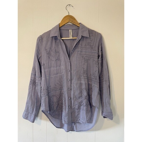 Anthropologie Button Down Embroidered Floral Shirt Top XXS Western Boho Blue - Picture 3 of 14